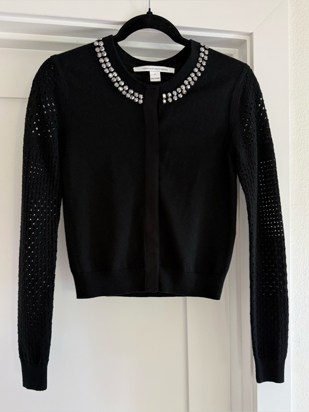 Diane von Furstenberg DVF Crystal Embellished Eyelet Sleeve Wool Cardigan S/P